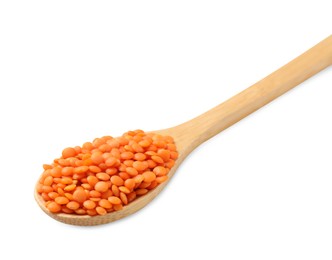 Photo of Wooden spoon with raw lentils isolated on white