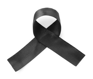 Photo of Black awareness ribbon isolated on white, top view