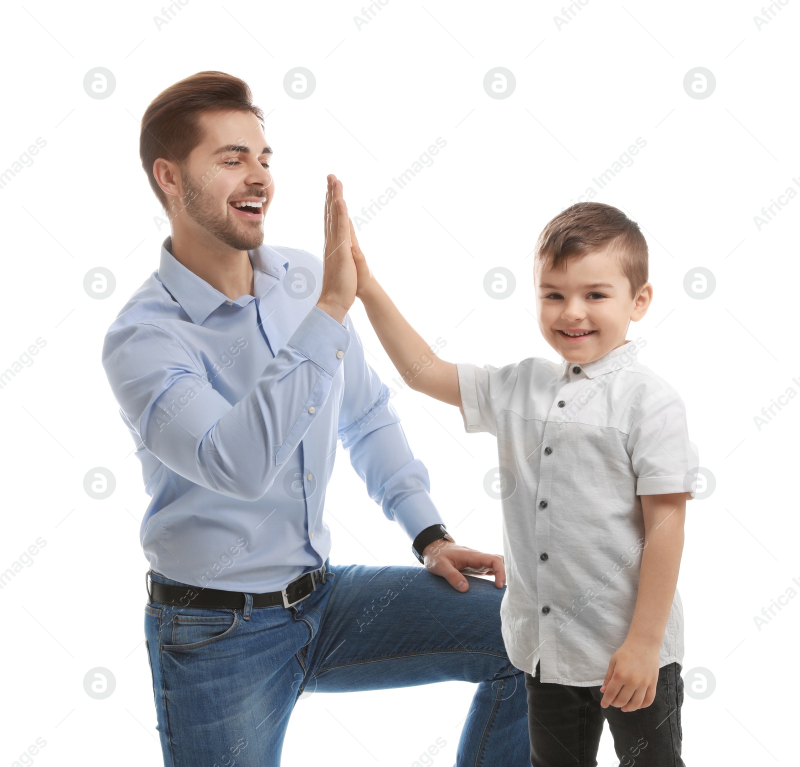 Photo of Portrait of dad and his son isolated on white