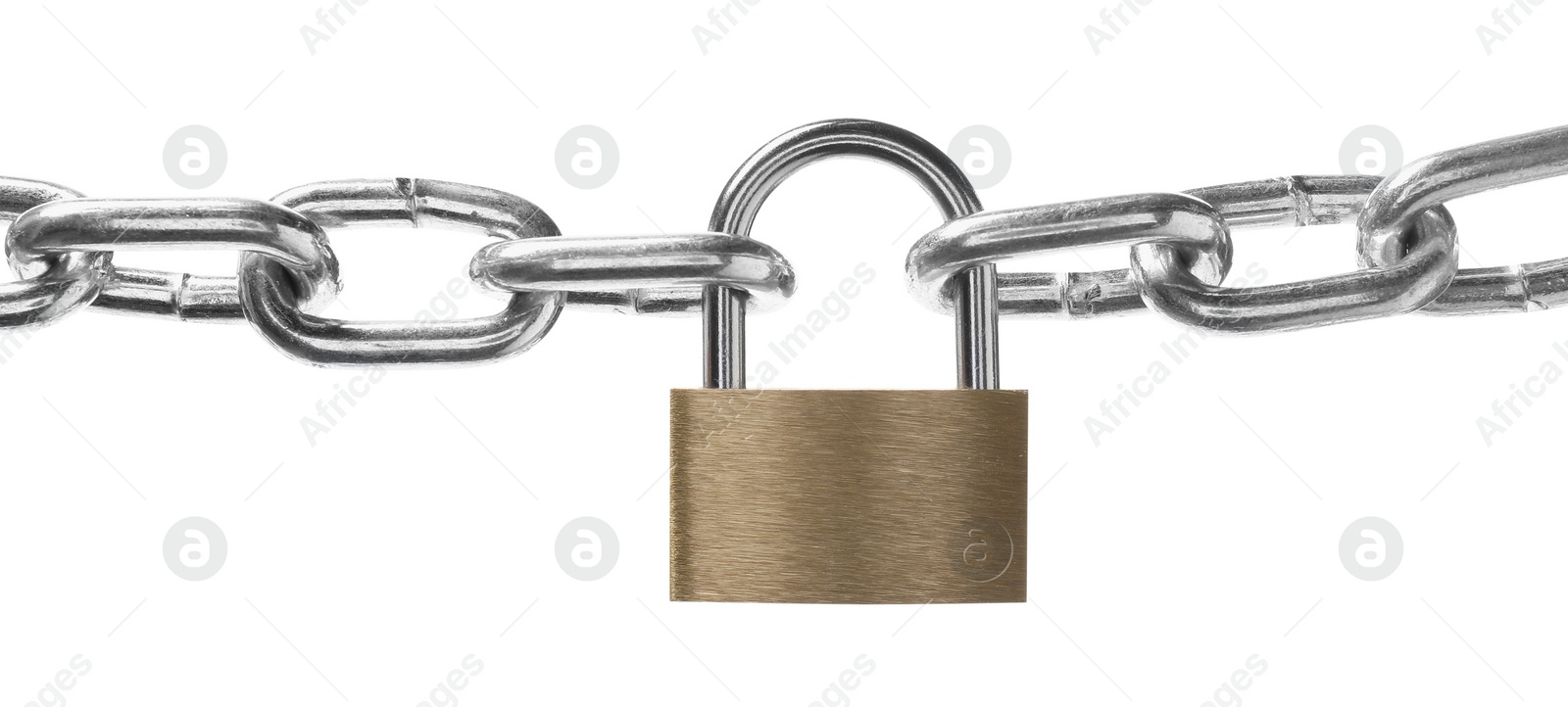 Photo of Steel padlock and chain isolated on white