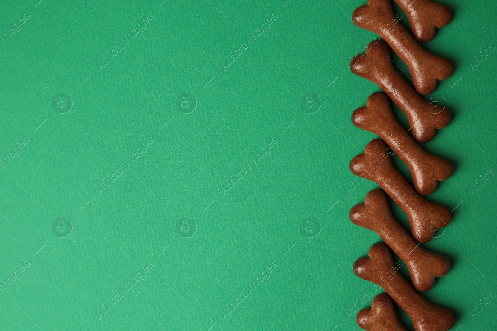 Photo of Bone shaped dog cookies on green background, flat lay. Space for text