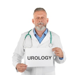 Male doctor holding paper with word UROLOGY on white background