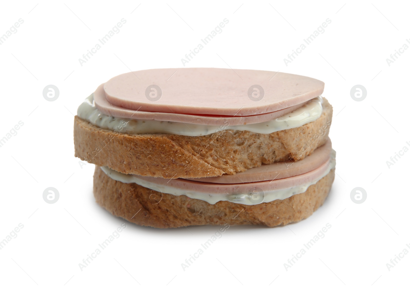 Photo of Delicious sandwich with boiled sausage and sauce isolated on white