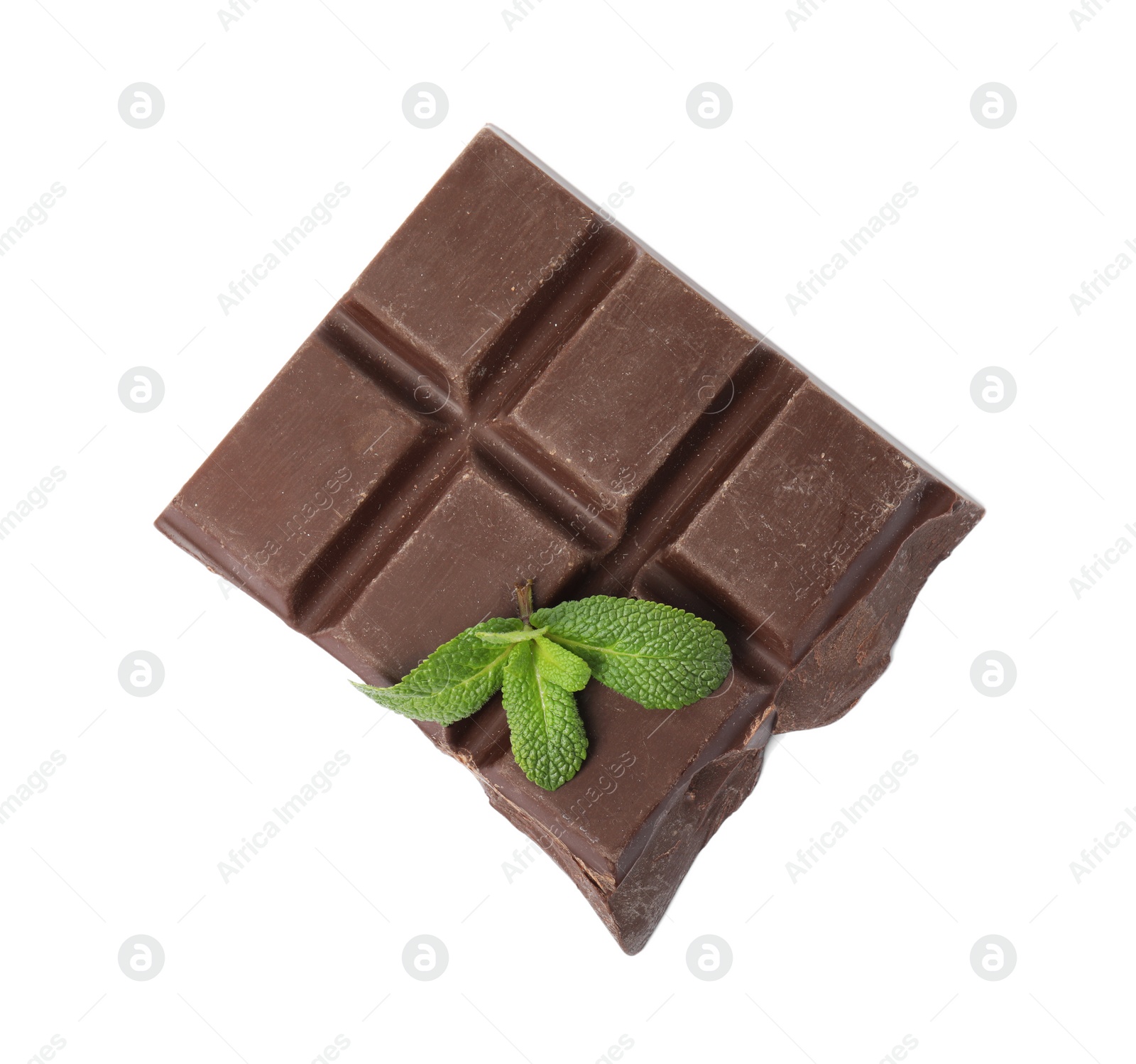 Photo of Tasty chocolate piece with mint on white background, top view