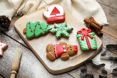 Delicious homemade Christmas cookies on wooden table