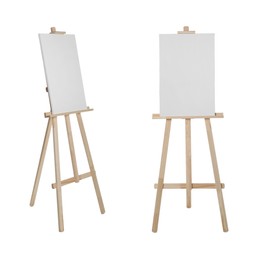 Image of Wooden easels with blank canvas on white background, collage