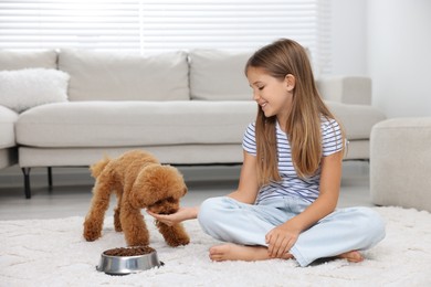 Little child feeding cute puppy on carpet at home. Lovely pet