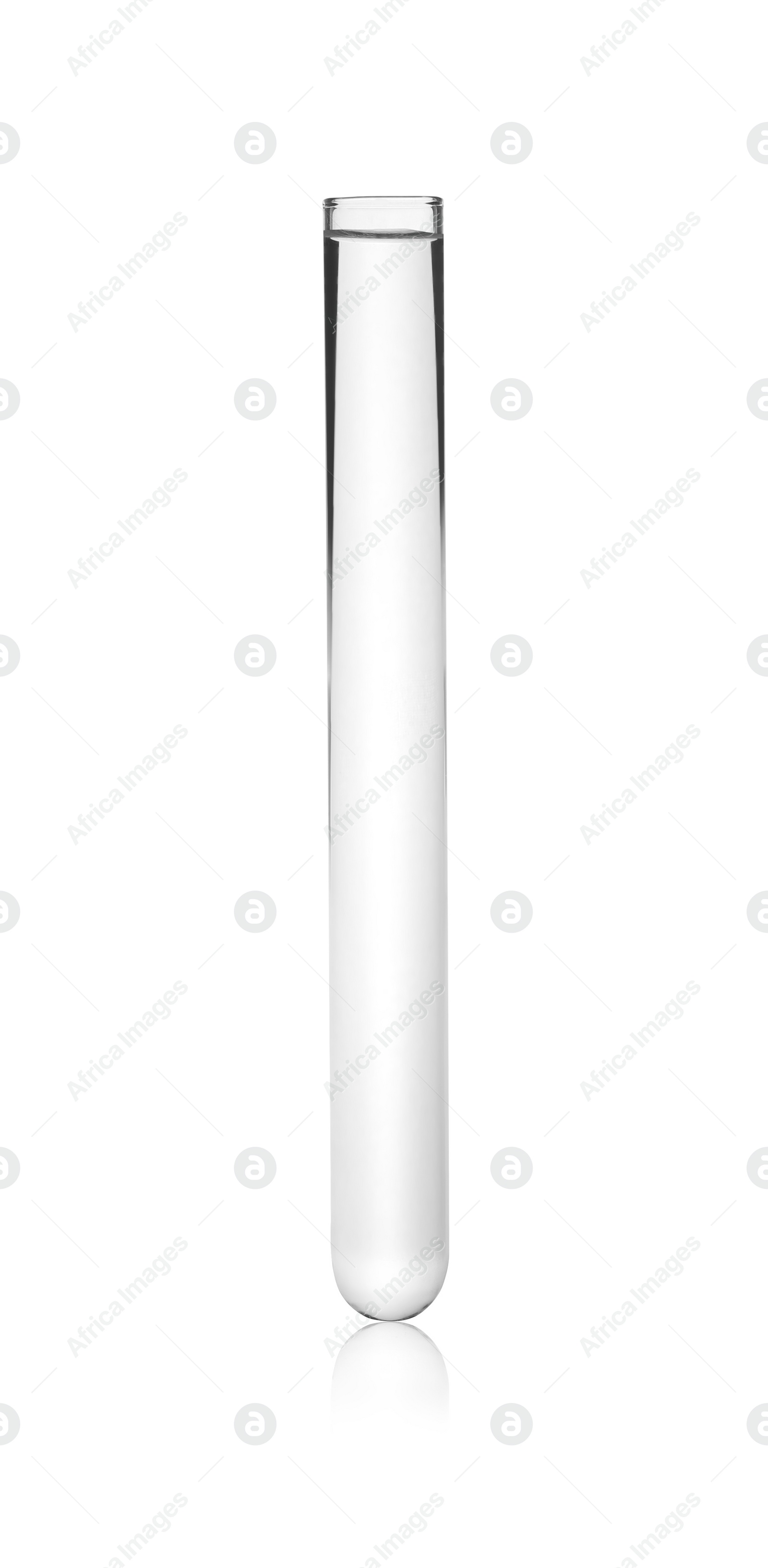 Photo of Test tube with transparent liquid isolated on white