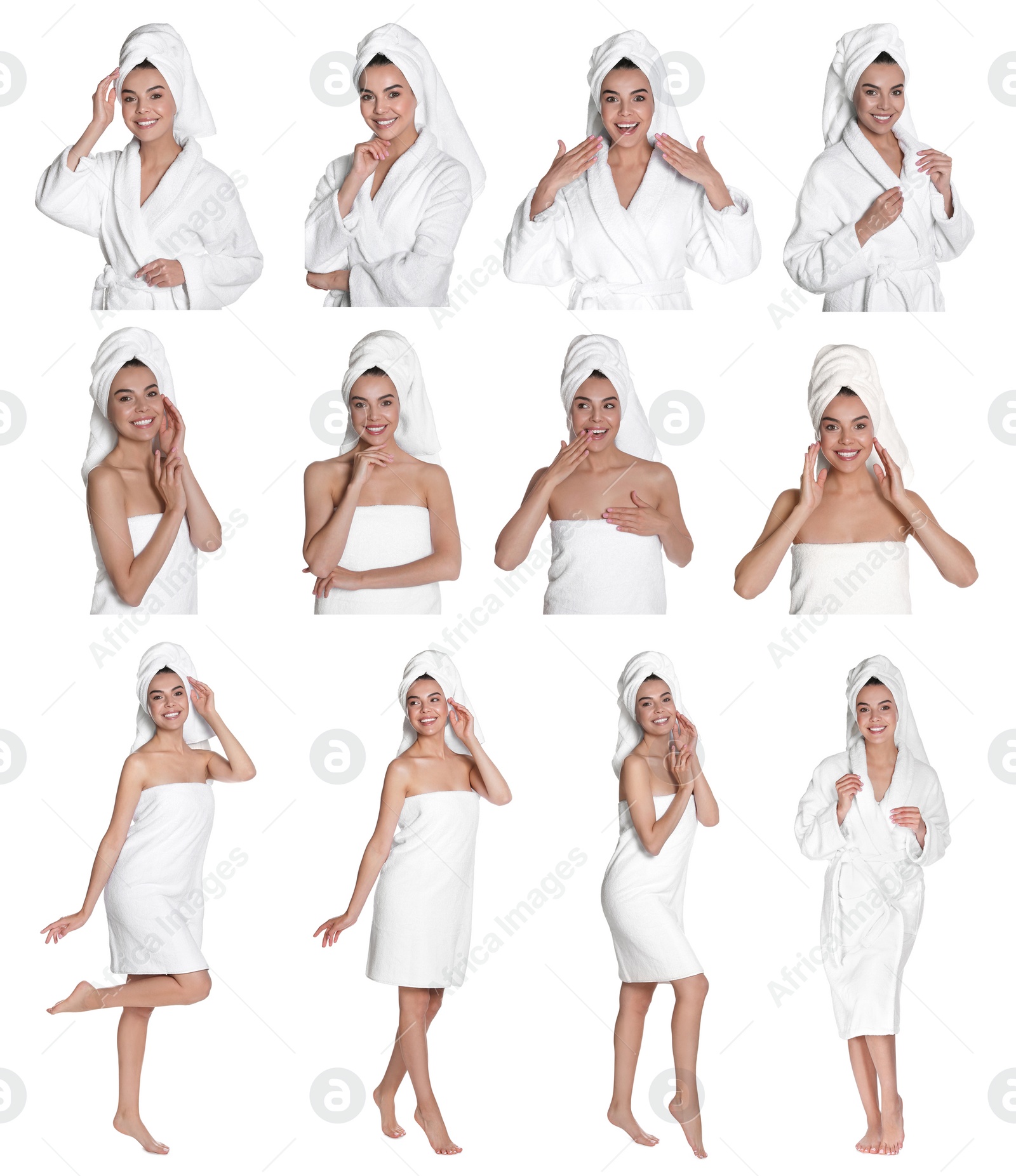 Image of Collage with photos of beautiful young woman with towels on white background