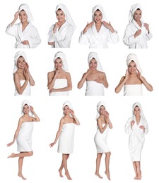 Image of Collage with photos of beautiful young woman with towels on white background