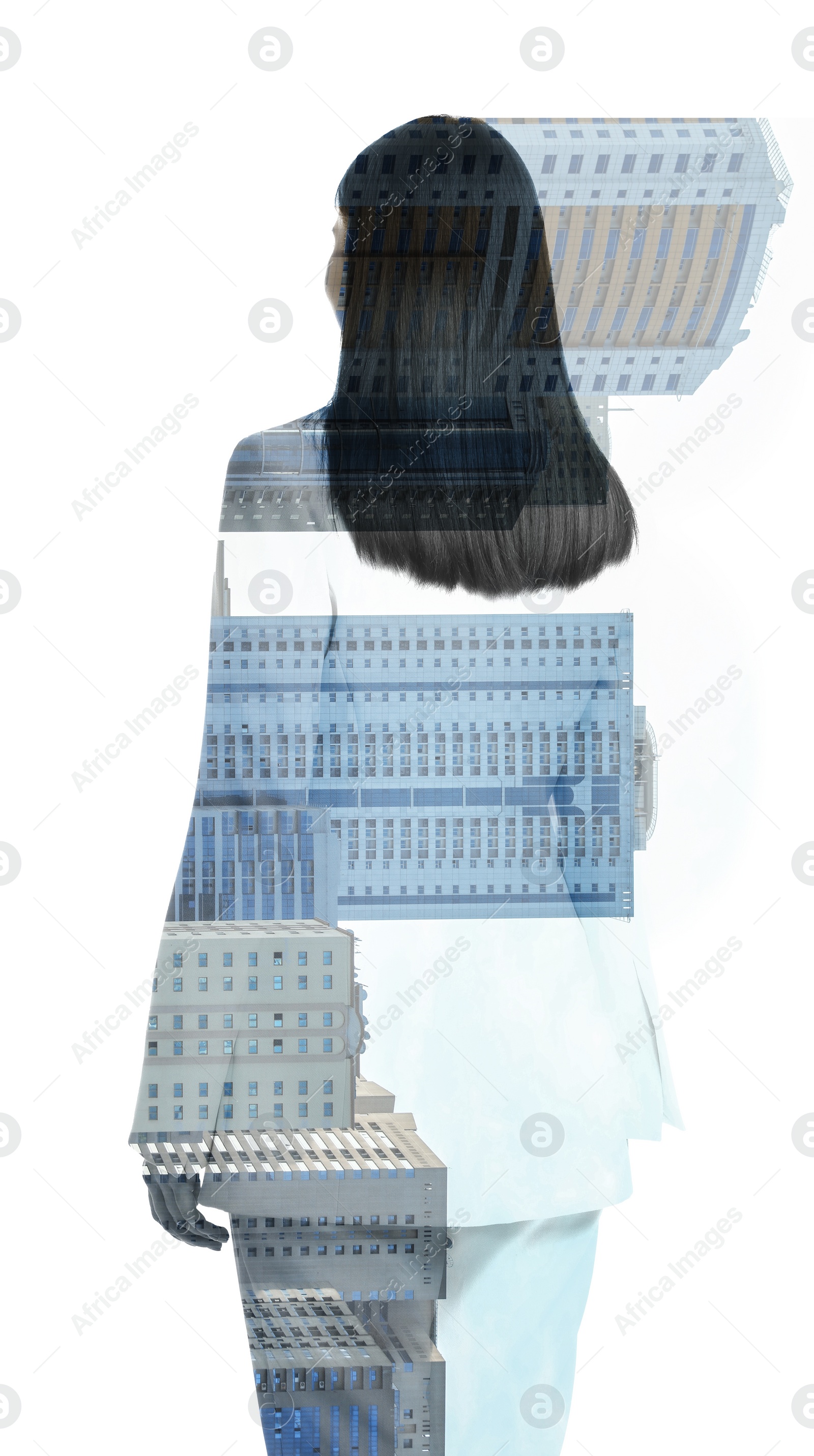 Image of Double exposure of businesswoman and office buildings