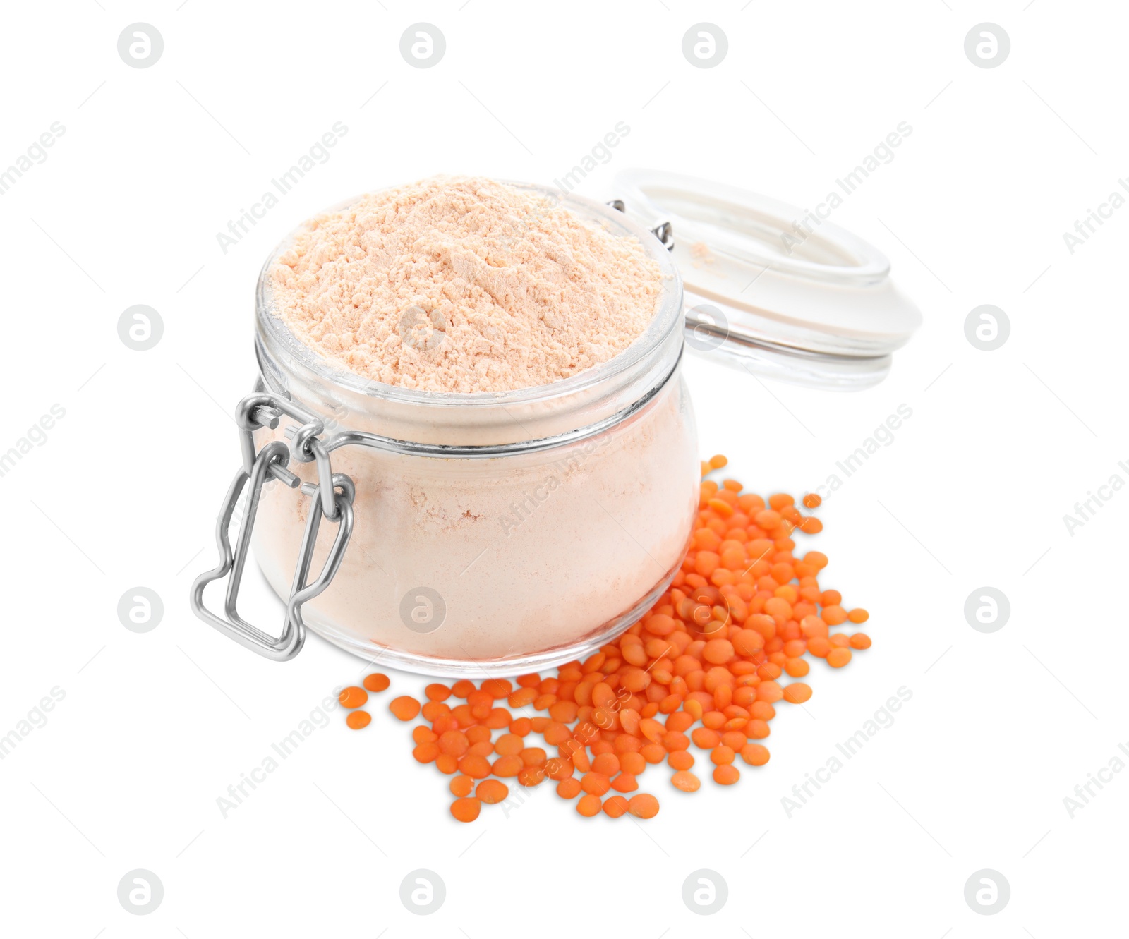 Photo of Glass jar of lentil flour and seeds isolated on white