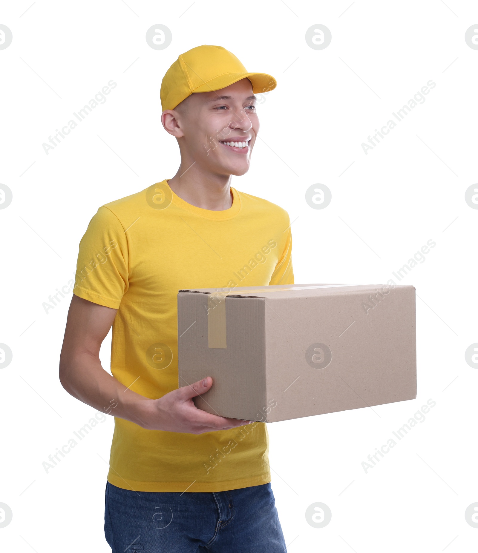 Photo of Happy courier with parcel on white background