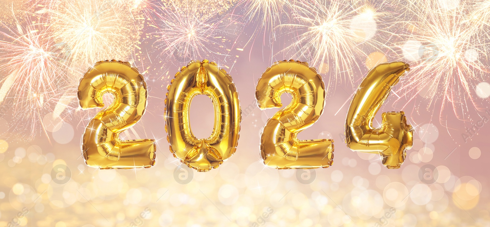 Image of New 2024 Year. Golden number shaped balloons and fireworks on color background with blurred lights, banner design