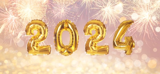 Image of New 2024 Year. Golden number shaped balloons and fireworks on color background with blurred lights, banner design