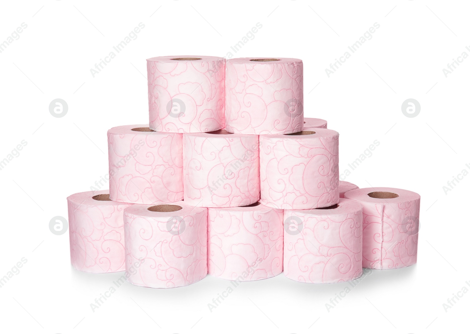 Photo of Color toilet paper rolls on white background