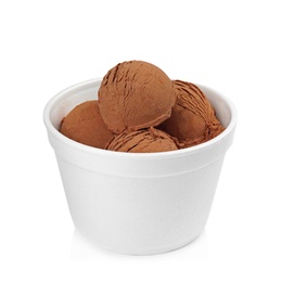 Photo of Bowl of tasty chocolate ice cream isolated on white
