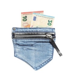 Jeans pocket and euro banknotes isolated on white. Spending money