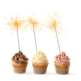 Image of Birthday cupcakes with sparklers on white background