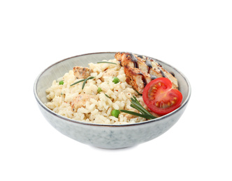 Photo of Delicious chicken risotto with tomato isolated on white