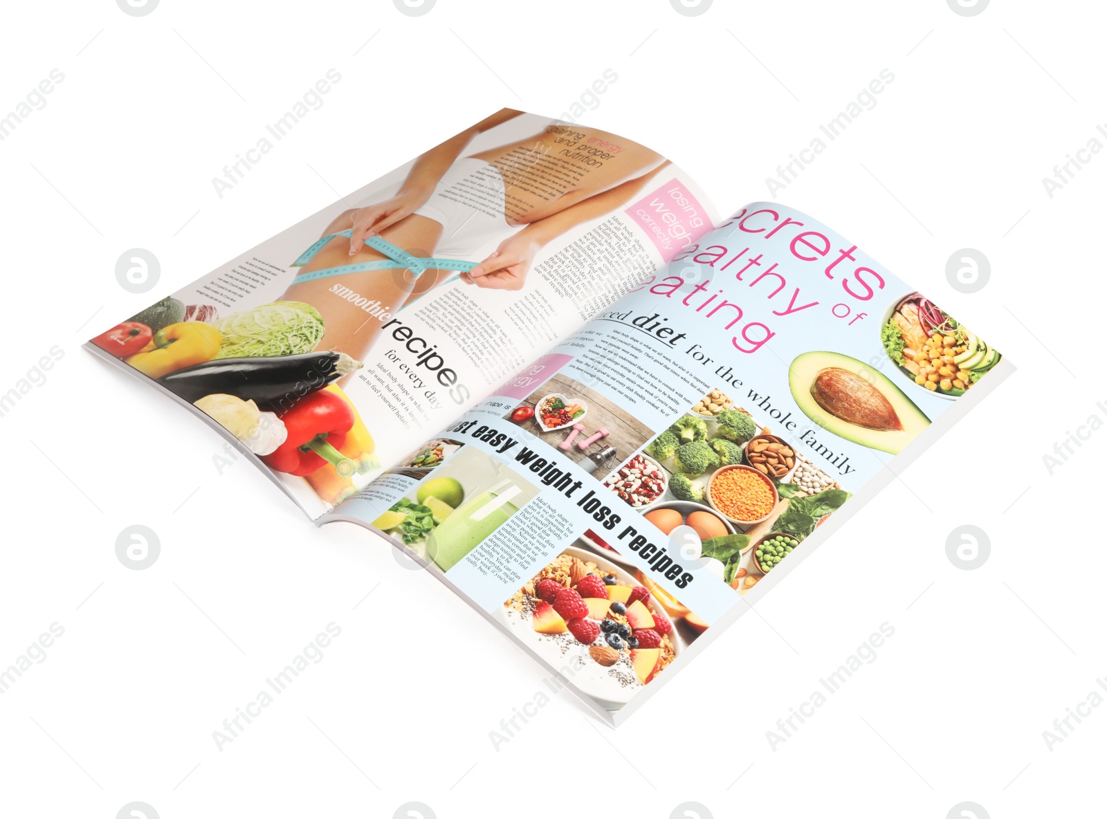 Photo of Modern printed healthy food magazine isolated on white