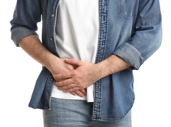 Photo of Man suffering from acute appendicitis on white background, closeup