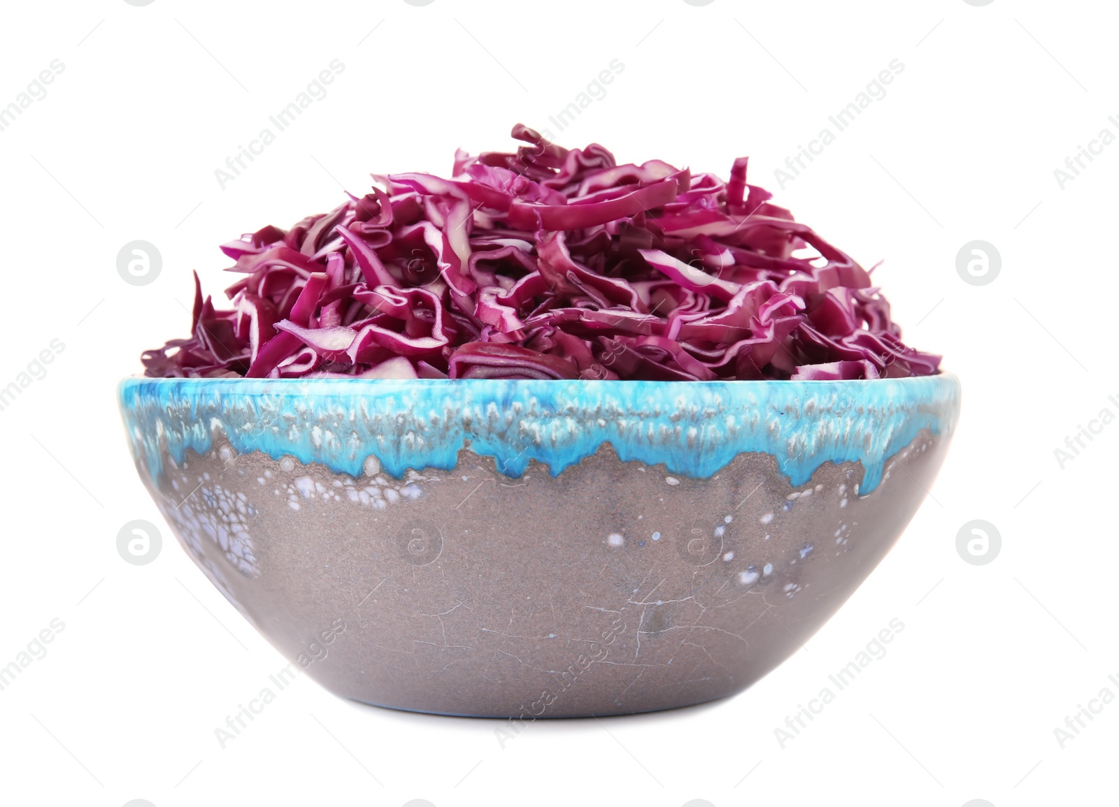 Photo of Bowl with chopped red cabbage on white background