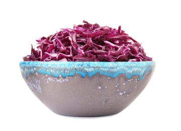 Bowl with chopped red cabbage on white background