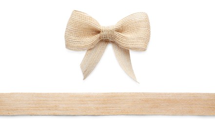 Image of Pretty burlap bow and ribbon on white background 