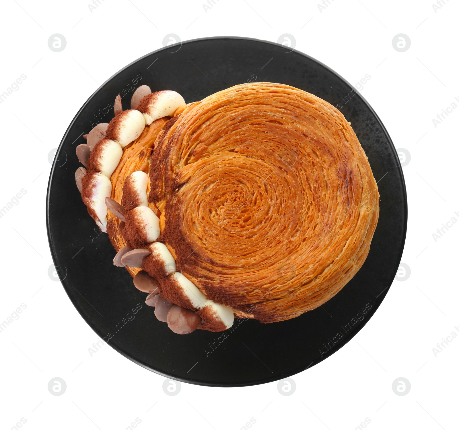 Photo of Round croissants with chocolate chips and cream isolated on white, top view. Tasty puff pastry