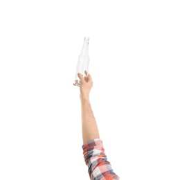 Photo of Man holding glass bottle isolated on white, closeup. Waste recycling concept