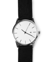 Photo of Stylish wrist watch on white background. Fashion accessory
