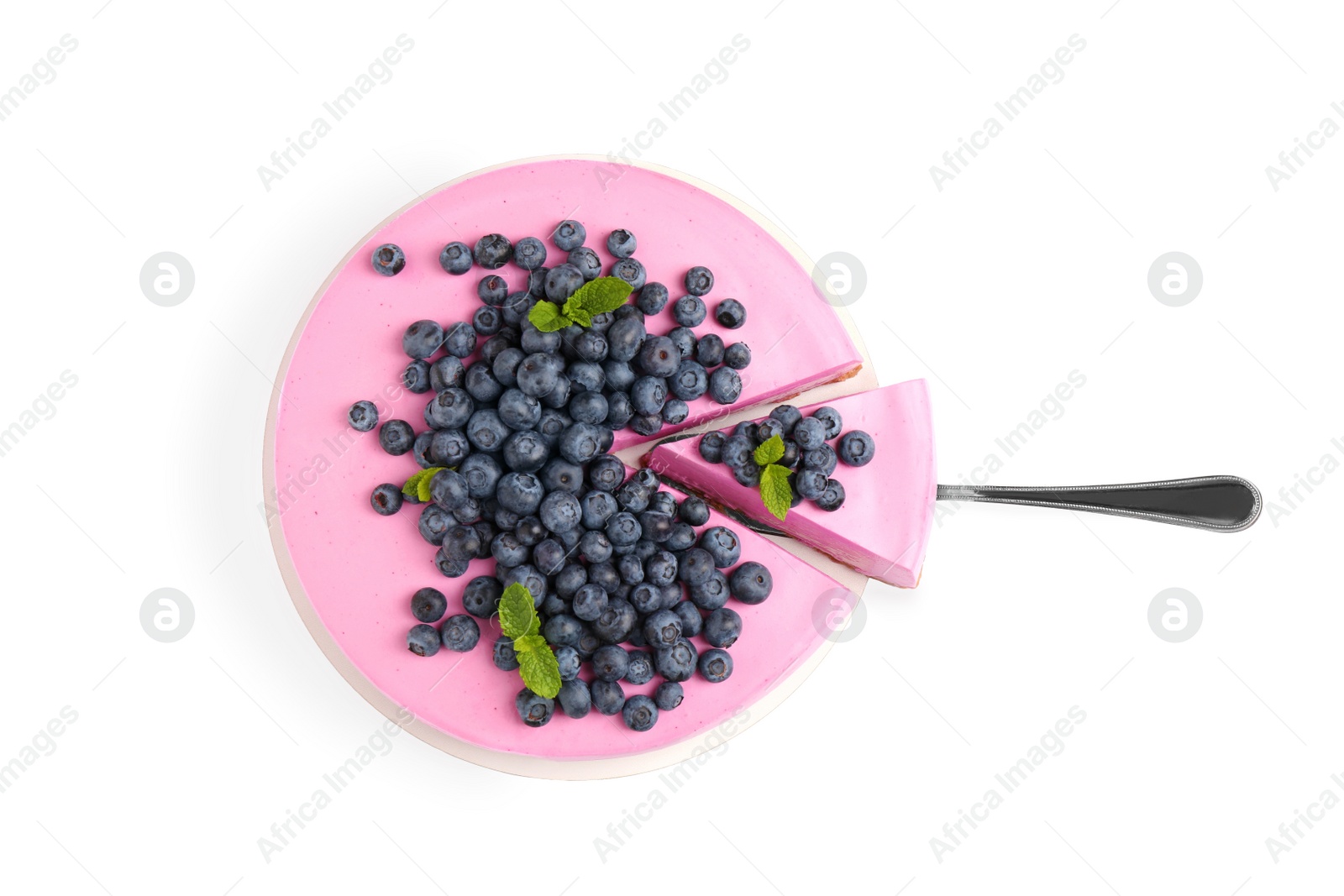 Photo of Cut tasty blueberry cake and shovel on white background, top view