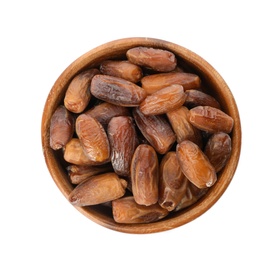 Photo of Bowl with sweet dates on white background, top view. Dried fruit as healthy snack