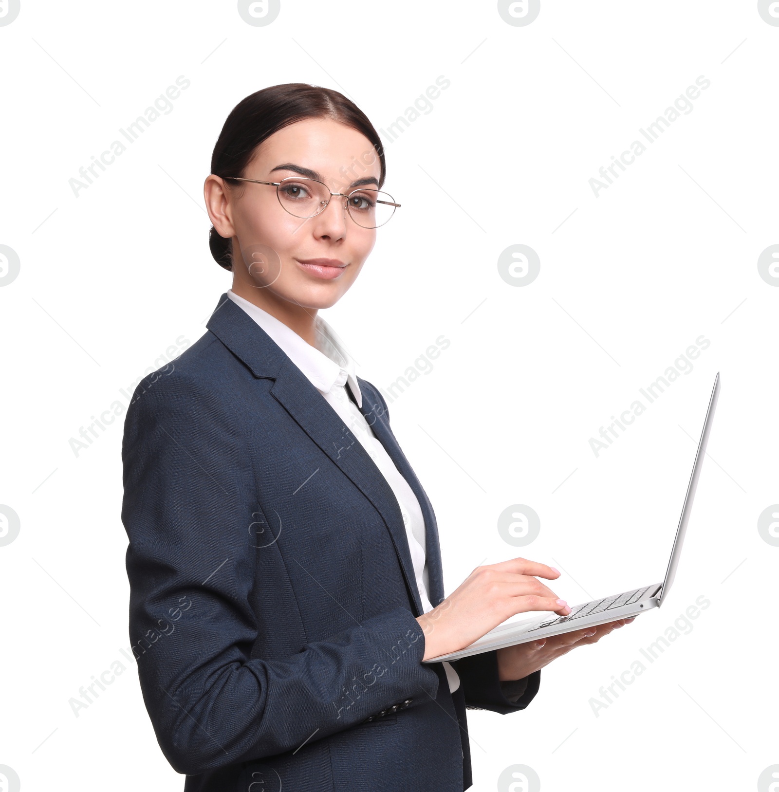 Photo of Young businesswoman with laptop on white background