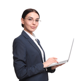 Photo of Young businesswoman with laptop on white background