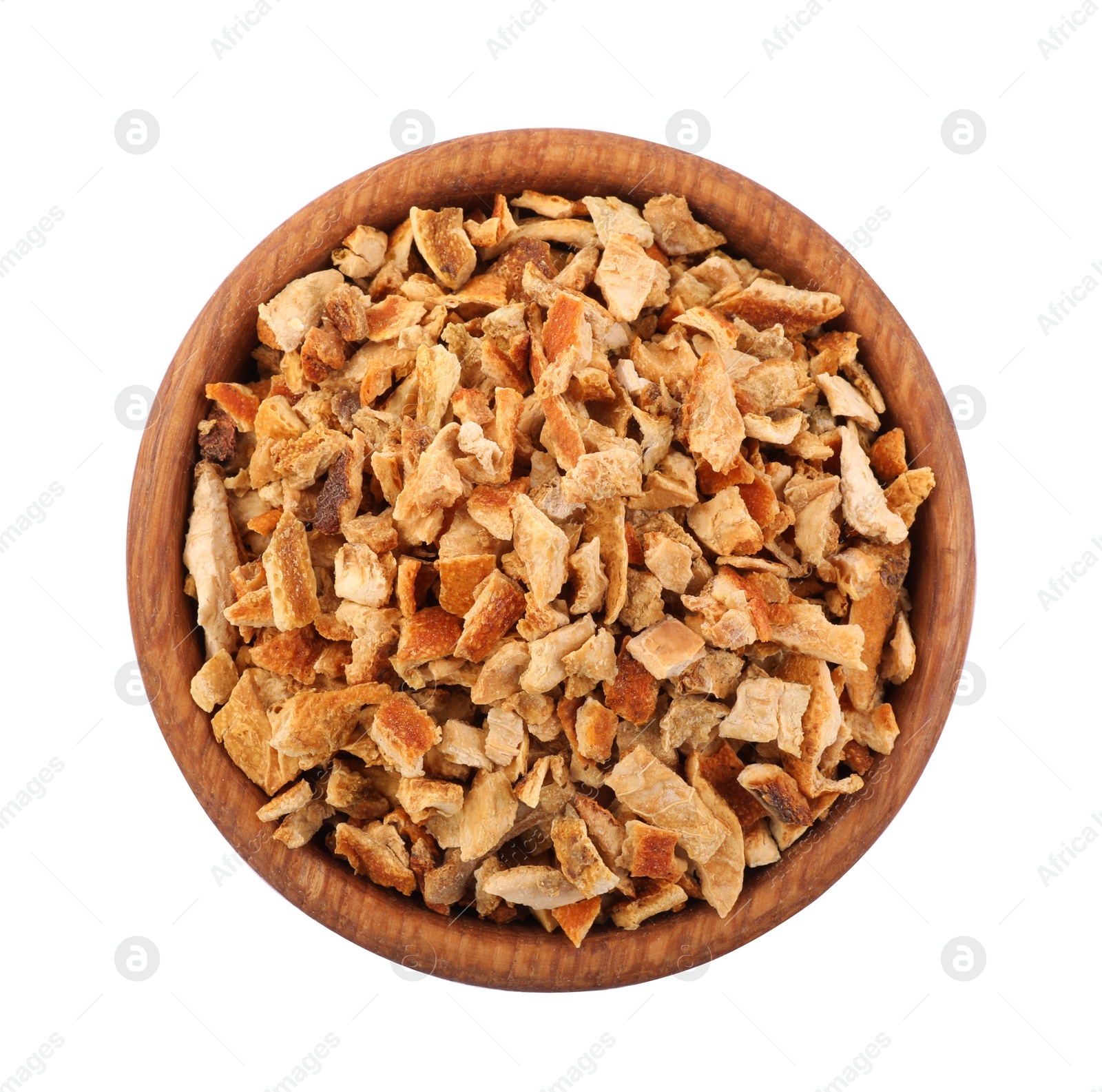 Photo of Bowl of dried orange zest seasoning isolated on white, top view