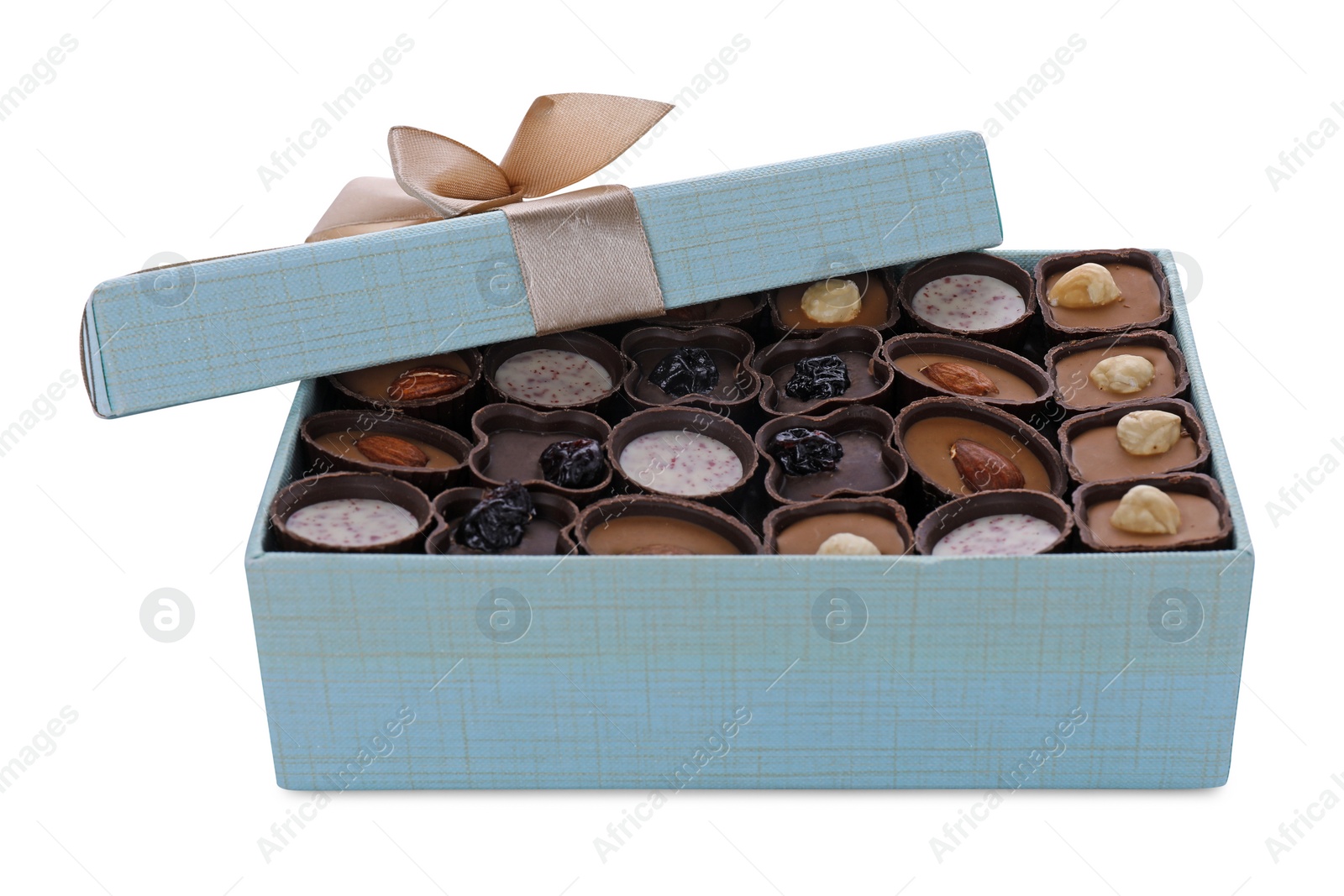 Photo of Box of delicious chocolate candies isolated on white