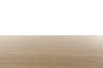 Photo of Stylish wooden table top against white background