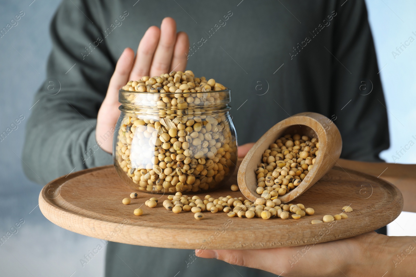 Photo of Man refusing to eat soy, closeup. Food allergy concept