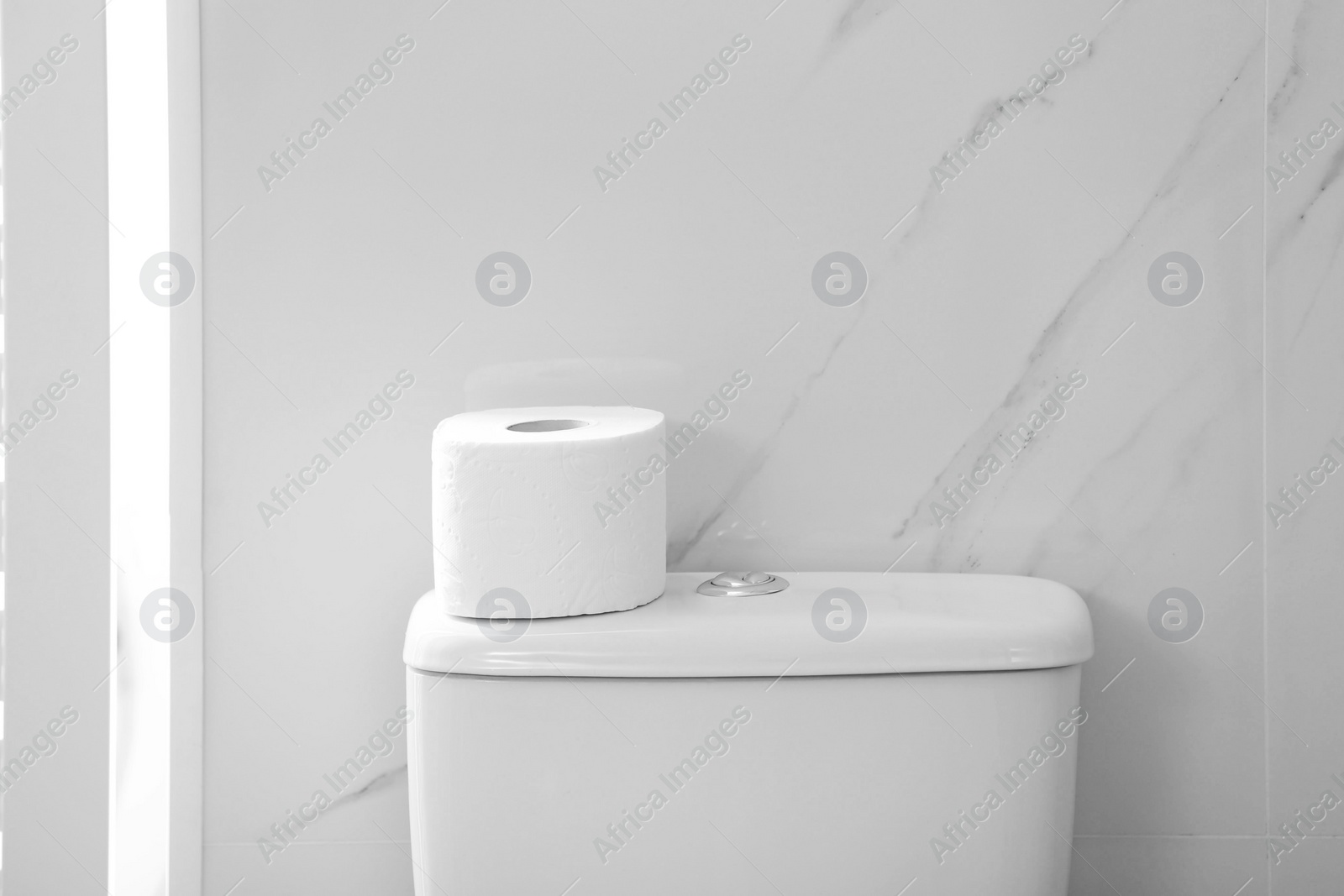 Photo of Paper roll on tank of toilet bowl in bathroom