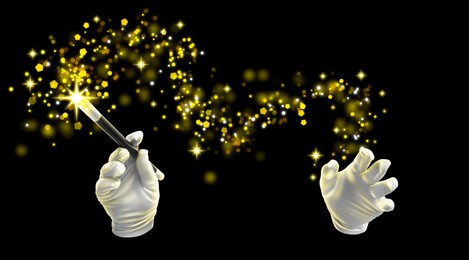 Image of Magician with magic wand performing trick on black background, closeup