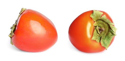 Image of Delicious fresh ripe persimmons on white background, closeup. Banner design