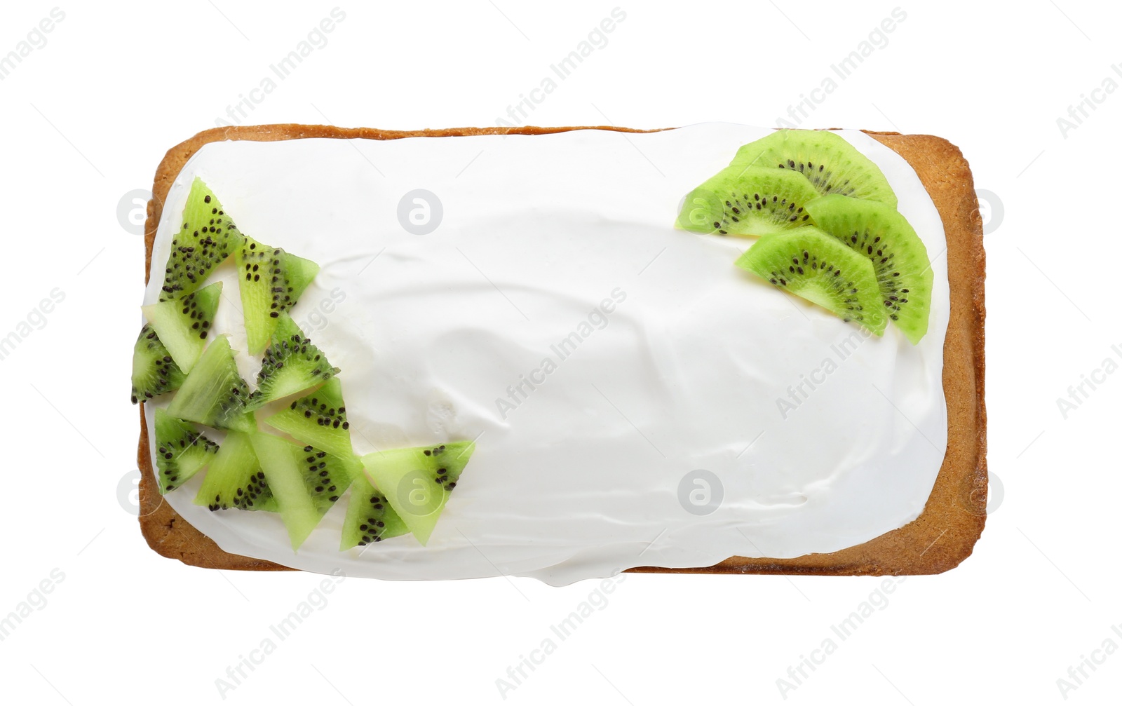 Photo of Delicious homemade yogurt cake with kiwi and cream on white background, top view