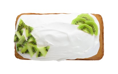 Photo of Delicious homemade yogurt cake with kiwi and cream on white background, top view