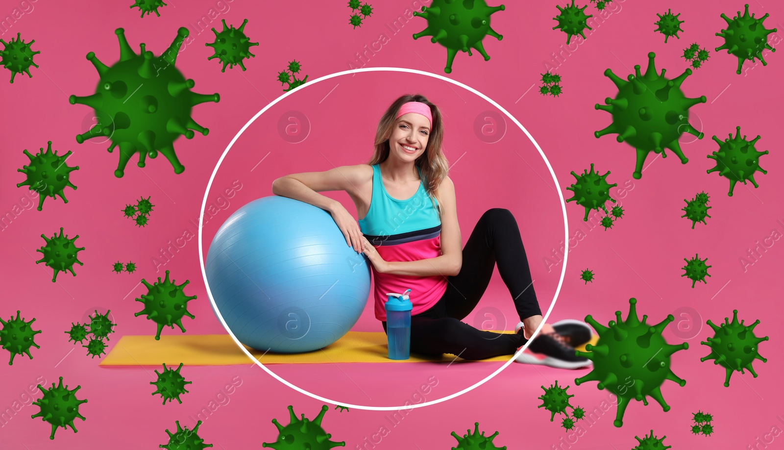 Image of Healthy woman with exercise ball surrounded by drawn viruses on pink background. Sporty lifestyle - base of strong immunity. Banner design