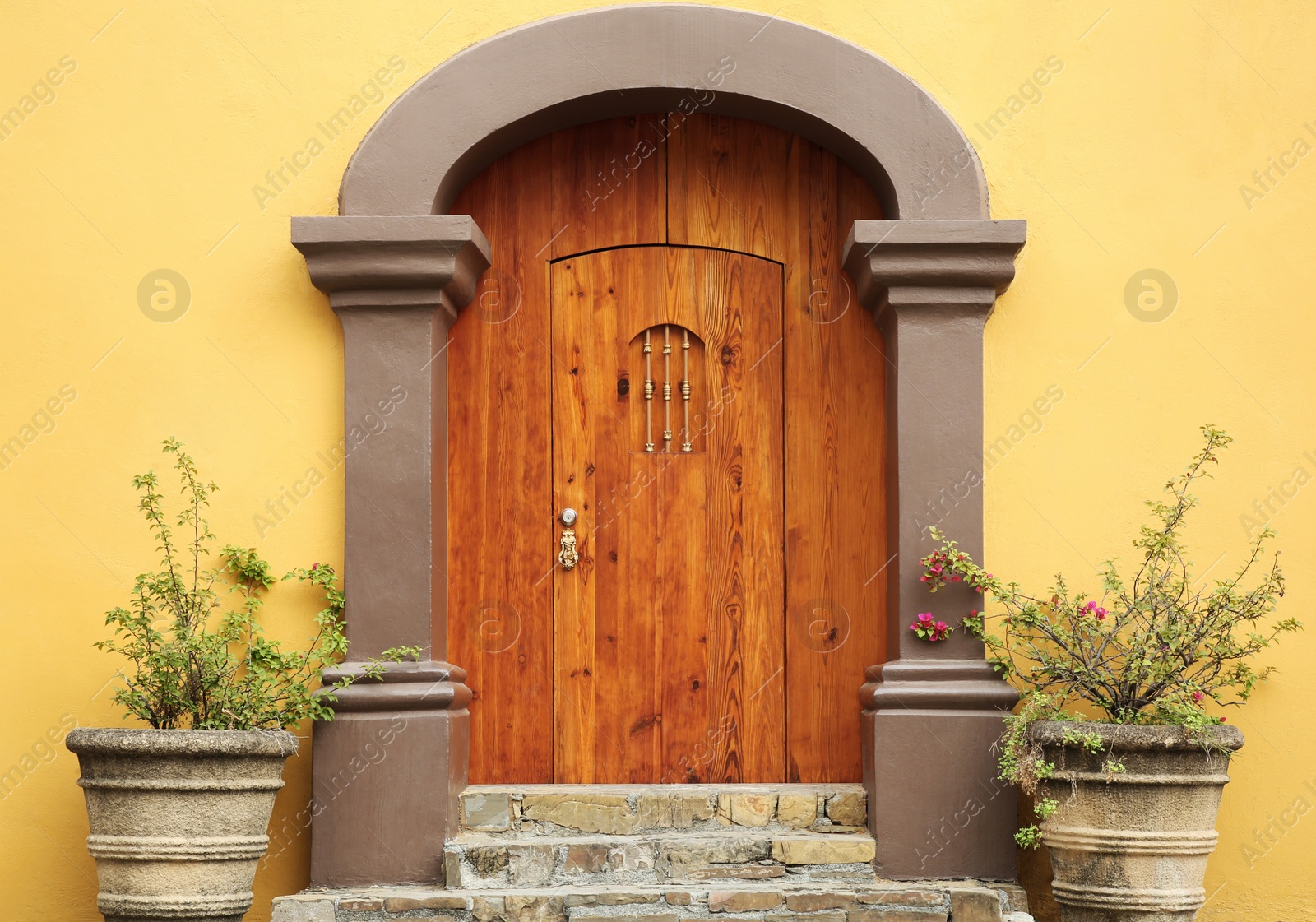 Photo of Entrance of residential house with wooden door and outdoor plants