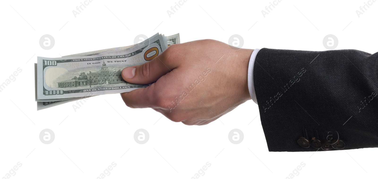 Photo of Money exchange. Man holding dollar banknotes on white background, closeup