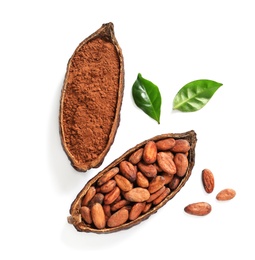 Photo of Composition with cocoa products on white background, top view