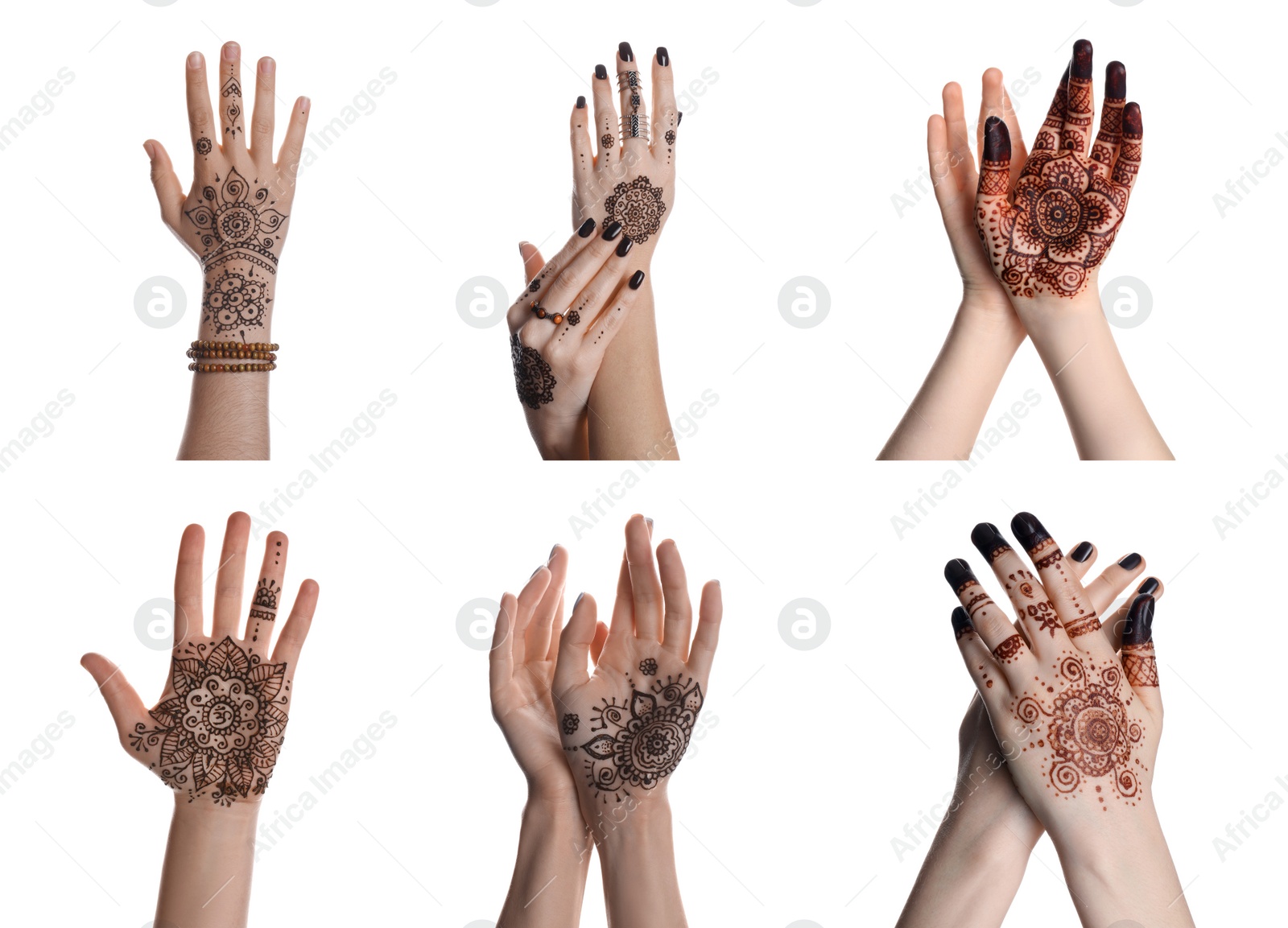 Image of Closeup view of women with henna tattoo on hands against white background, collage. Traditional mehndi ornament